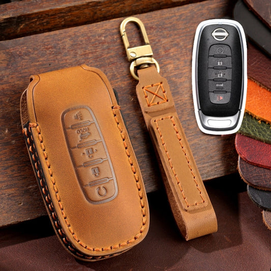 For Nissan Teana / Ariya 5-button Start Hallmo Car Cowhide Leather Key Protective Cover Key Case(Brown) - Car Key Cases by Hallmo | Online Shopping South Africa | PMC Jewellery | Buy Now Pay Later Mobicred