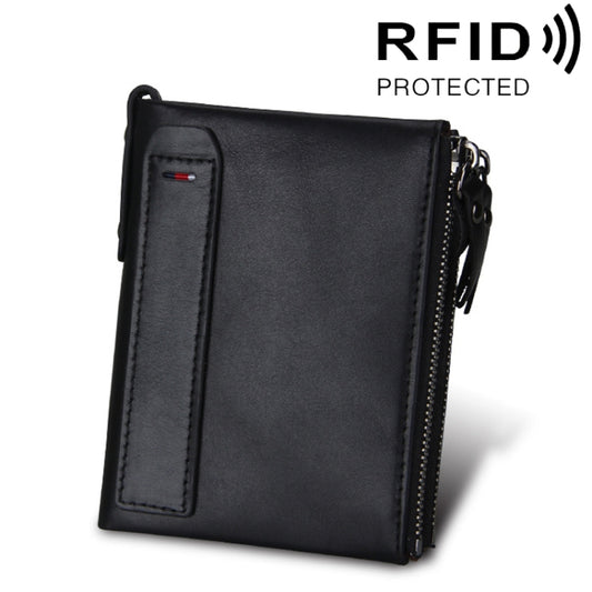 Genuine Cowhide Leather Crazy Horse Texture Dual Zipper Short Style Card Holder Wallet RFID Blocking Card Bag Protect Case for Men, Size: 12.1*9.4*2.7cm(Black) - Antimagnetic RFID Package by PMC Jewellery | Online Shopping South Africa | PMC Jewellery | Buy Now Pay Later Mobicred