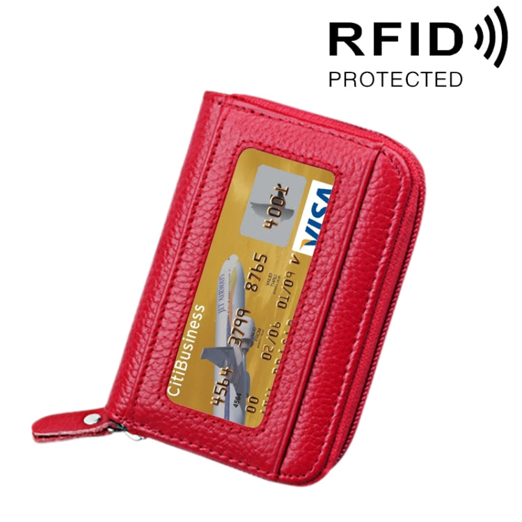 Genuine Cowhide Leather Solid Color Zipper Horizontal Card Holder Wallet RFID Blocking Card Bag Protect Case with 12 Card Slots, Size: 11.5*7.5cm(Red) - Antimagnetic RFID Package by PMC Jewellery | Online Shopping South Africa | PMC Jewellery | Buy Now Pay Later Mobicred