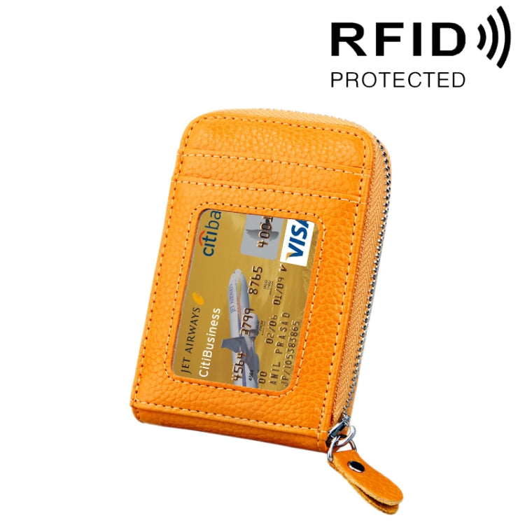 Genuine Cowhide Leather Solid Color Zipper Vertical Card Holder Wallet RFID Blocking Card Bag Protect Case with 12 Card Slots, Size: 11.5*7.5cm(Yellow) - Antimagnetic RFID Package by PMC Jewellery | Online Shopping South Africa | PMC Jewellery | Buy Now Pay Later Mobicred