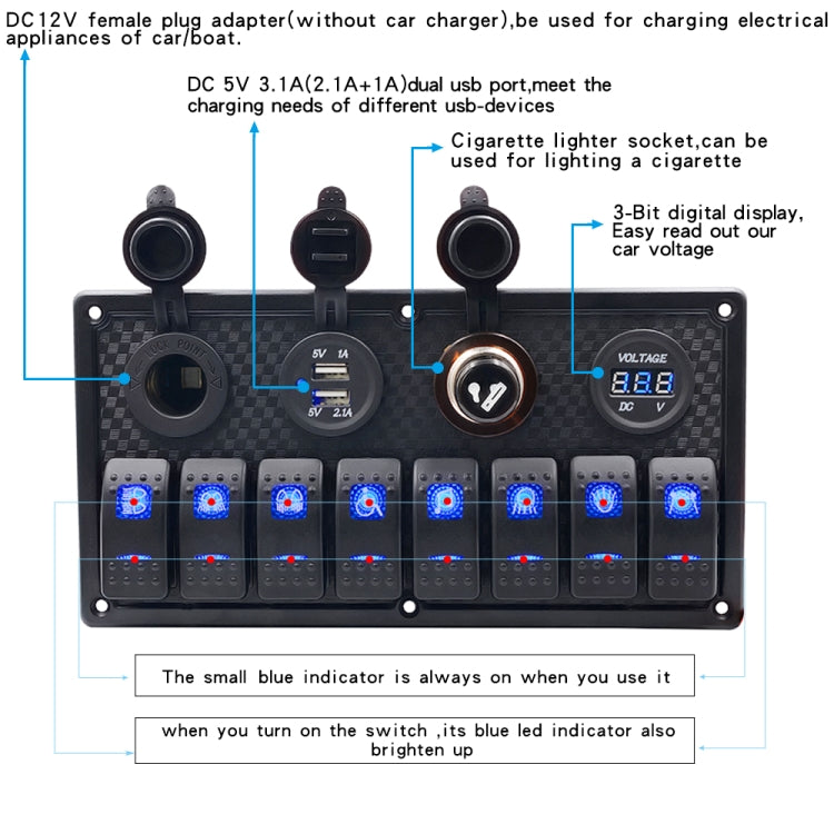 5Pin Multi-function Combination Switch Panel Voltmeter + Cigarette Lighter + Double Lights 8 Way Switches + Dual USB Charger + Cigarette Lighter Socketfor Car RV Marine Boat - Car Switches by PMC Jewellery | Online Shopping South Africa | PMC Jewellery