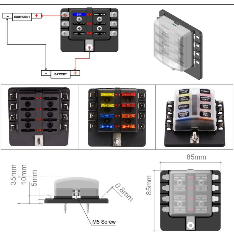 1 in 8 Out Fuse Box PC Terminal Block Fuse Holder Kits with LED Warning Indicator for Auto Car Truck Boat - Fuse by PMC Jewellery | Online Shopping South Africa | PMC Jewellery