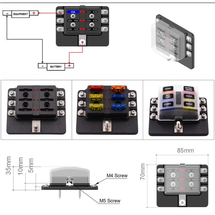 1 in 6 Out 6 Way Circuit Fuse Box Screw Terminal Section Fuse Holder Kits with LED Warning Indicator for Auto Car Truck Boat - Fuse by PMC Jewellery | Online Shopping South Africa | PMC Jewellery