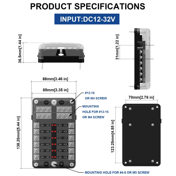 Independent Positive and Negative 1 in 12 Out 12 Way Circuit Blade Fuse Box Fuse Holder Kits with LED Warning Indicator for Auto Car Truck Boat - Fuse by PMC Jewellery | Online Shopping South Africa | PMC Jewellery