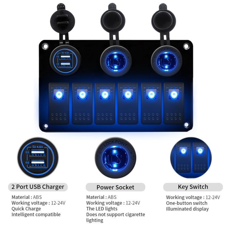 Multi-functional Combination Switch Panel 12V / 24V 6 Way Switches + Dual USB Charger for Car RV Marine Boat (Blue Light) - Car Switches by PMC Jewellery | Online Shopping South Africa | PMC Jewellery | Buy Now Pay Later Mobicred