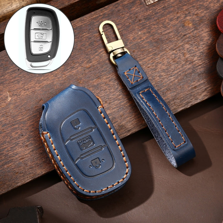 Hallmo Car Cowhide Leather Key Protective Cover Key Case for Hyundai IX35 A Style(Blue) - Car Key Cases by Hallmo | Online Shopping South Africa | PMC TechLife | Buy Now Pay Later Mobicred