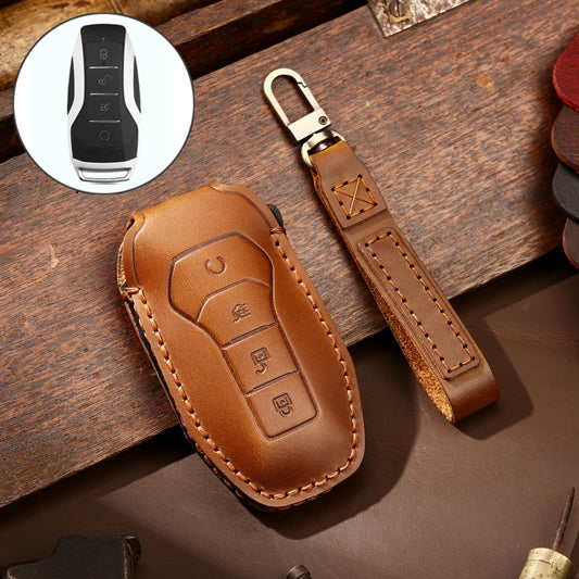 Hallmo Car Cowhide Leather Key Protective Cover Key Case for BYD(Brown) - Car Key Cases by Hallmo | Online Shopping South Africa | PMC Jewellery | Buy Now Pay Later Mobicred