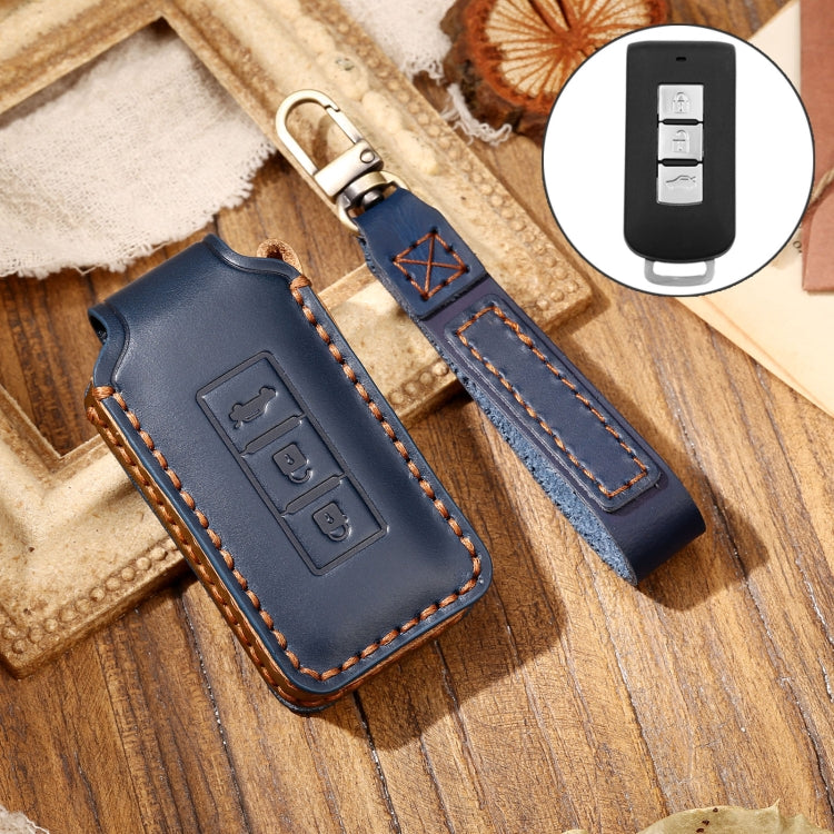 Hallmo Car Cowhide Leather Key Protective Cover Key Case for Mitsubishi Outlander(Blue) - Car Key Cases by Hallmo | Online Shopping South Africa | PMC Jewellery | Buy Now Pay Later Mobicred