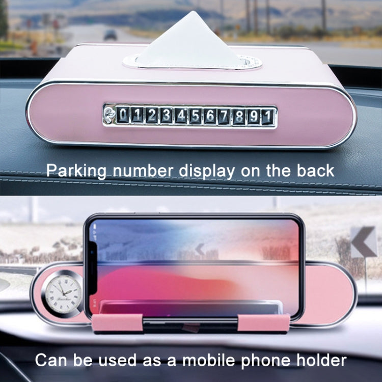 Car Dashboard Diamond Paper Towel Box with Temporary Parking Phone Number Card & Phone Holder & Clock(Coffee) - Tissue Boxes by PMC Jewellery | Online Shopping South Africa | PMC Jewellery | Buy Now Pay Later Mobicred