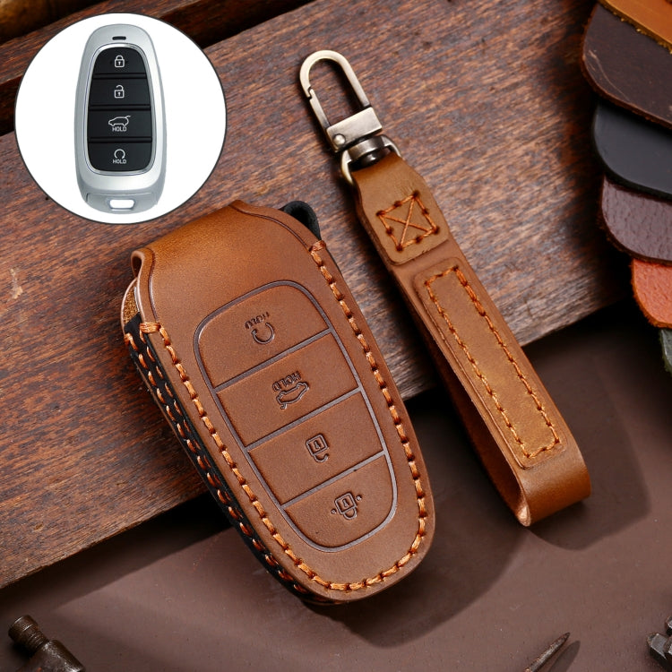 Hallmo Car Cowhide Leather Key Protective Cover Key Case for Hyundai 4-button Start(Brown) - Car Key Cases by Hallmo | Online Shopping South Africa | PMC Jewellery | Buy Now Pay Later Mobicred