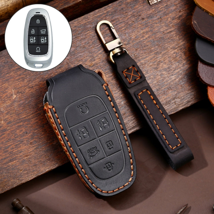 Hallmo Car Cowhide Leather Key Protective Cover Key Case for Hyundai 6-button(Black) - Car Key Cases by Hallmo | Online Shopping South Africa | PMC Jewellery | Buy Now Pay Later Mobicred