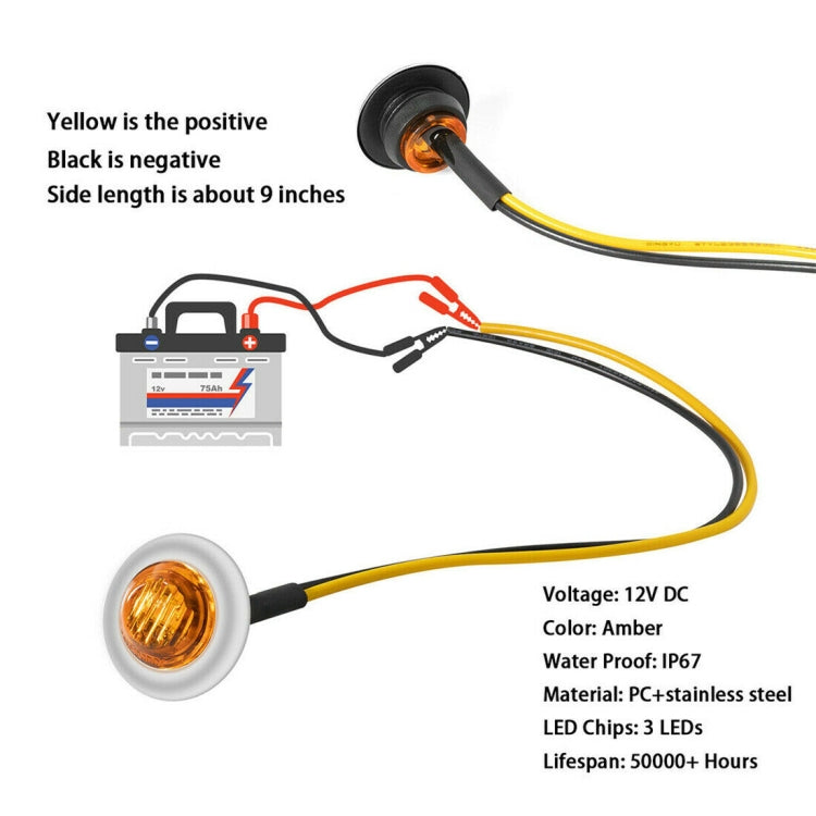 10 PCS MK-118 3/4 inch Metal Frame Car / Truck 3LEDs Side Marker Indicator Lights Bulb Lamp (Yellow Light) - Clearance Lights by PMC Jewellery | Online Shopping South Africa | PMC Jewellery | Buy Now Pay Later Mobicred