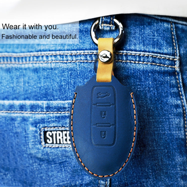For Nissan Car Cowhide Leather Key Protective Cover Key Case, Three Keys Horizontal Line Version (Blue) - Car Key Cases by PMC Jewellery | Online Shopping South Africa | PMC Jewellery | Buy Now Pay Later Mobicred