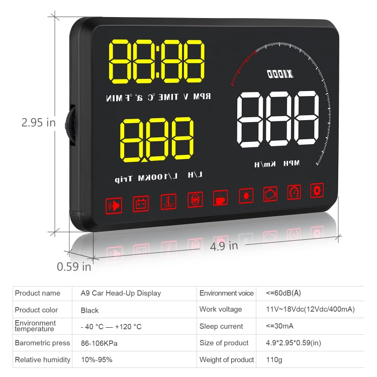 A9 5.5 inch Universal Car OBD2 HUD Vehicle-mounted Head Up Display (Blue) - Head Up Display System by PMC TechLife | Online Shopping South Africa | PMC TechLife | Buy Now Pay Later Mobicred