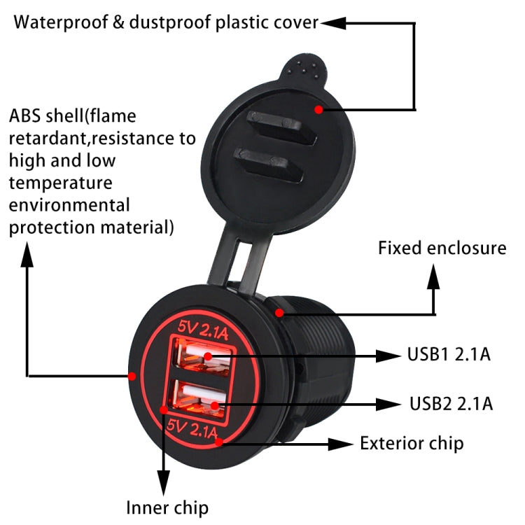 Universal Car Dual USB Charger Power Outlet Adapter 4.2A 5V IP66 with Aperture + 60cm Cable(Red Light) - DIY Modified Charger by PMC Jewellery | Online Shopping South Africa | PMC Jewellery | Buy Now Pay Later Mobicred