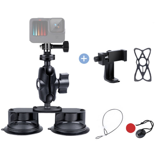 Dual Suction Cup Mount Holder with Tripod Adapter & Screw & Phone Clamp & Anti-lost Silicone Net for for GoPro Hero12 Black / Hero11 /10 /9 /8 /7 /6 /5, Insta360 Ace / Ace Pro, DJI Osmo Action 4 and Other Action Cameras, Smartphones(Black) - Holder by PMC Jewellery | Online Shopping South Africa | PMC Jewellery | Buy Now Pay Later Mobicred