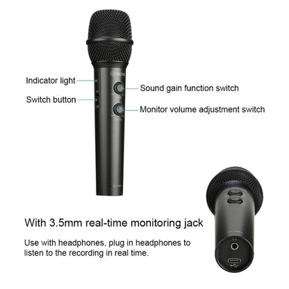 BOYA BY-HM2 Professional Handheld Condenser Microphone 3.5mm Headphone Port with 8 Pin / Type-C / USB Interface 1.2m Extension Cable & Holder - Microphone by BOYA | Online Shopping South Africa | PMC Jewellery | Buy Now Pay Later Mobicred