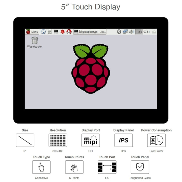 Waveshare 5 inch 800 x 480 Capacitive IPS Touch Display for Raspberry Pi, DSI Interface - free shipping - PMC TechLife - Order now!
