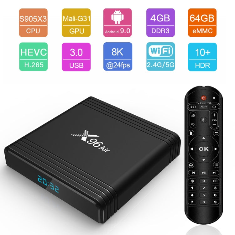 X96 Air 8K Smart TV BOX Android 9.0 Media Player with Remote Control, Quad-core Amlogic S905X3, RAM: 4GB, ROM: 64GB, Dual Band WiFi, Bluetooth, US Plug - Amlogic S905 by PMC TechLife | Online Shopping South Africa | PMC TechLife | Buy Now Pay Later Mobicred