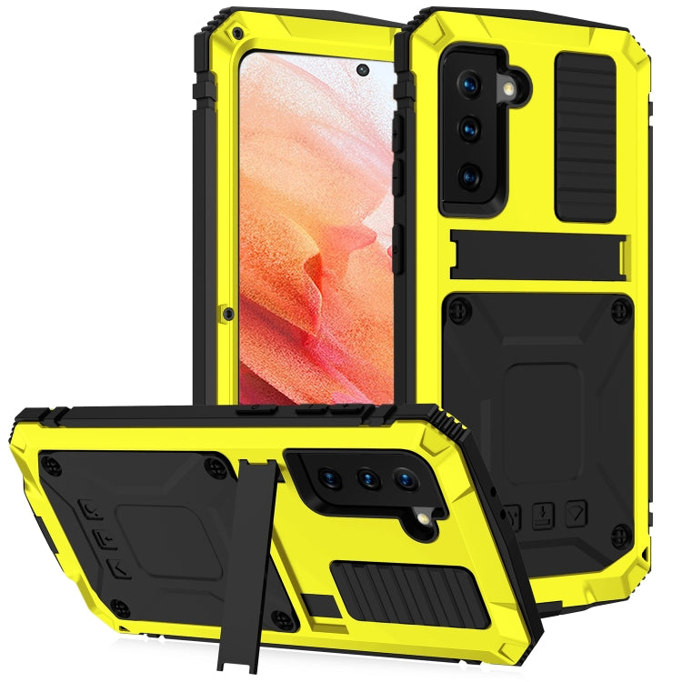 For Samsung Galaxy S21 5G R-JUST Shockproof Waterproof Dust-proof Metal + Silicone Protective Case with Holder(Yellow) - Galaxy S21 5G Cases by R-JUST | Online Shopping South Africa | PMC Jewellery | Buy Now Pay Later Mobicred