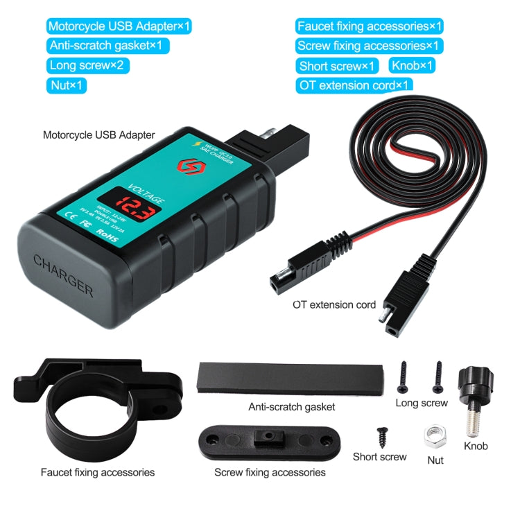 WUPP ZH-1422B2 DC12-24V Motorcycle Square Single USB + PD Fast Charging Charger with Switch + Voltmeter + Integrated SAE Socket + 1m SAE Socket Cable - Battery Charger by WUPP | Online Shopping South Africa | PMC Jewellery | Buy Now Pay Later Mobicred