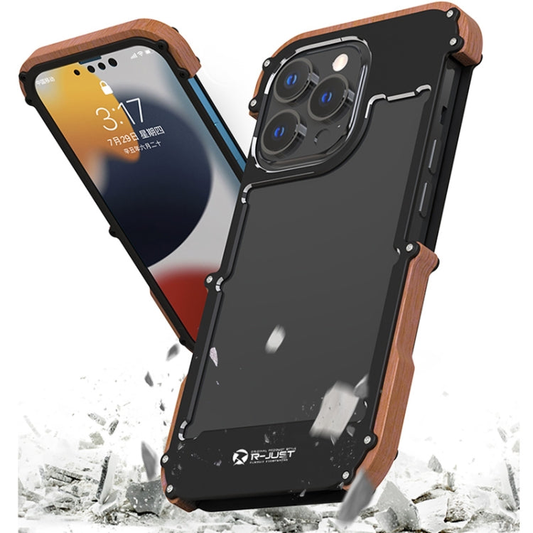 For iPhone 13 Pro Max R-JUST Ironwood Man Shockproof Metal + Wood Bumper Protective Case - free shipping - PMC TechLife - Order now!