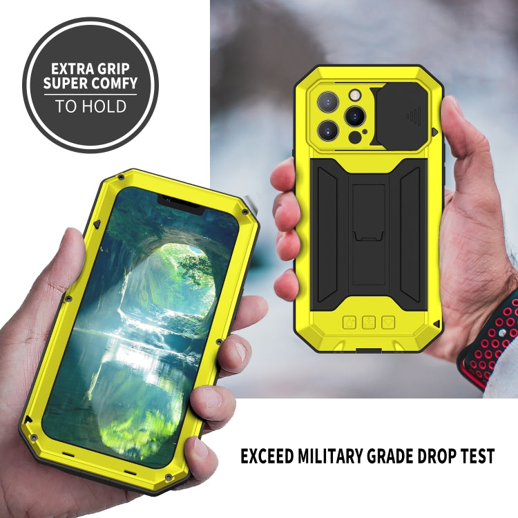 For iPhone 13 Pro Max R-JUST Sliding Camera Shockproof Life Waterproof Dust-proof Metal + Silicone Protective Case with Holder (Yellow) - iPhone 13 Pro Max Cases by R-JUST | Online Shopping South Africa | PMC Jewellery