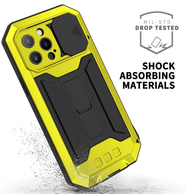 For iPhone 13 Pro Max R-JUST Sliding Camera Shockproof Life Waterproof Dust-proof Metal + Silicone Protective Case with Holder (Yellow) - iPhone 13 Pro Max Cases by R-JUST | Online Shopping South Africa | PMC Jewellery