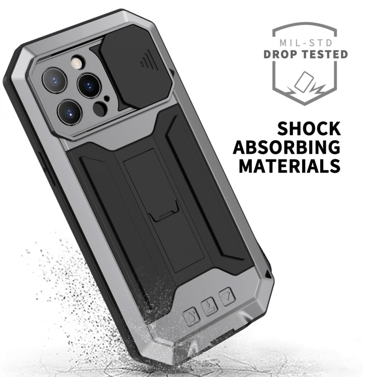 For iPhone 13 Pro Max R-JUST Sliding Camera Shockproof Life Waterproof Dust-proof Metal + Silicone Protective Case with Holder (Silver) - iPhone 13 Pro Max Cases by R-JUST | Online Shopping South Africa | PMC TechLife | Buy Now Pay Later Mobicred