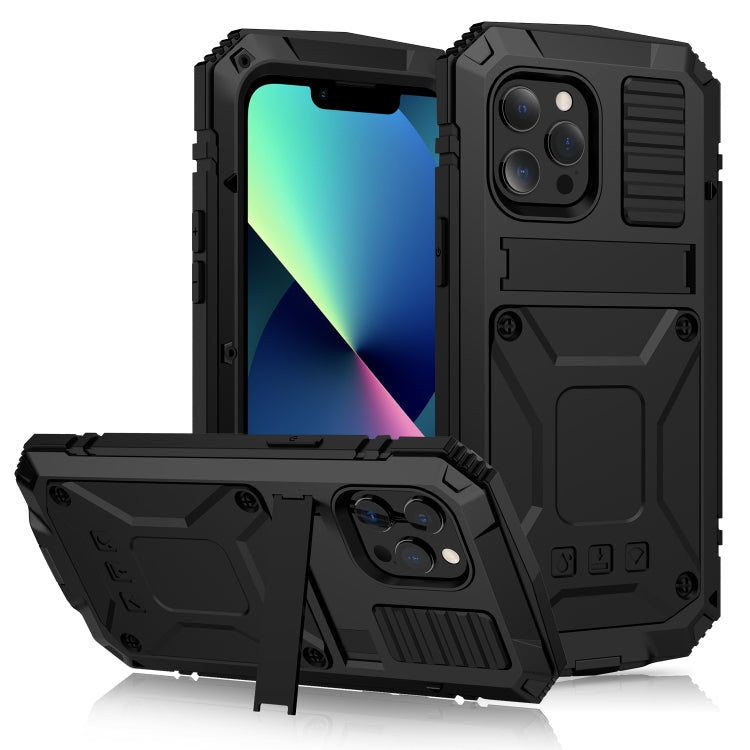 For iPhone 13 mini R-JUST Shockproof Waterproof Dust-proof Metal + Silicone Protective Case with Holder (Black) - iPhone 13 mini Cases by R-JUST | Online Shopping South Africa | PMC Jewellery