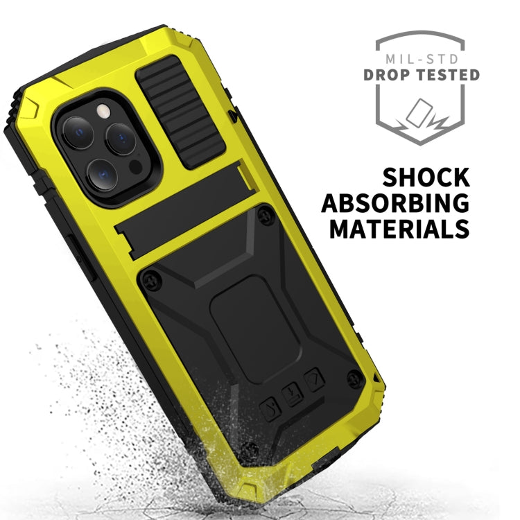 For iPhone 13 R-JUST Shockproof Waterproof Dust-proof Metal + Silicone Protective Case with Holder(Yellow) - iPhone 13 Cases by R-JUST | Online Shopping South Africa | PMC Jewellery