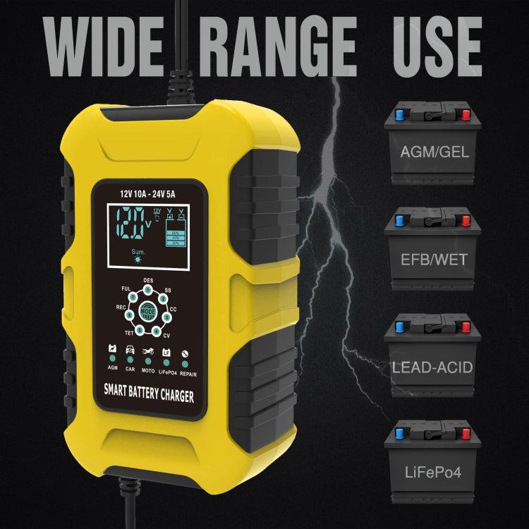 FOXSUR 10A 12V 7-segment Motorcycle / Car Smart Battery Charger, Plug Type:EU Plug(Yellow) - free shipping - PMC TechLife - Order now!