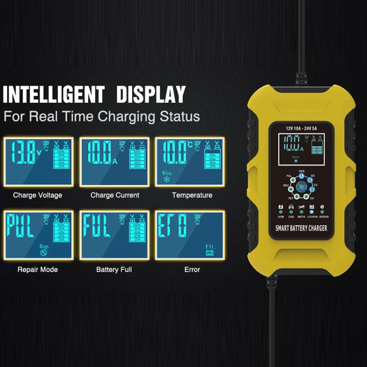 FOXSUR 10A 12V 7-segment Motorcycle / Car Smart Battery Charger, Plug Type:US Plug(Yellow) - Battery Charger by FOXSUR | Online Shopping South Africa | PMC TechLife | Buy Now Pay Later Mobicred