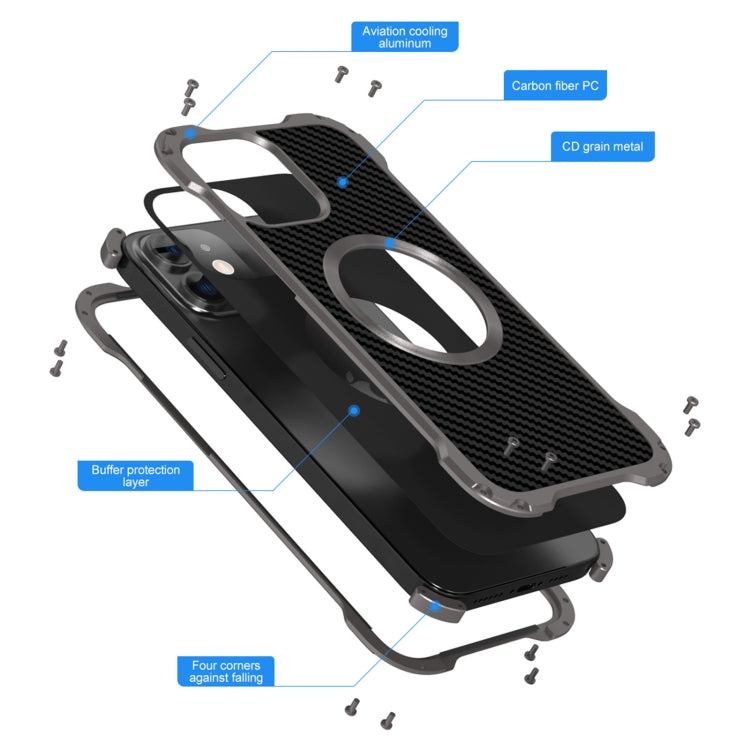 For iPhone 12 R-JUST RJ51 Hollow Shockproof Metal Protective Phone Case (Dark Grey) - iPhone 12 / 12 Pro Cases by R-JUST | Online Shopping South Africa | PMC TechLife | Buy Now Pay Later Mobicred