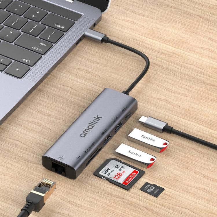 amalink 95122D Type-C / USB-C to RJ45 + 2 Ports USB + PD 3.0 Multi-function HUB(Grey) - free shipping - PMC Jewellery - Order now!