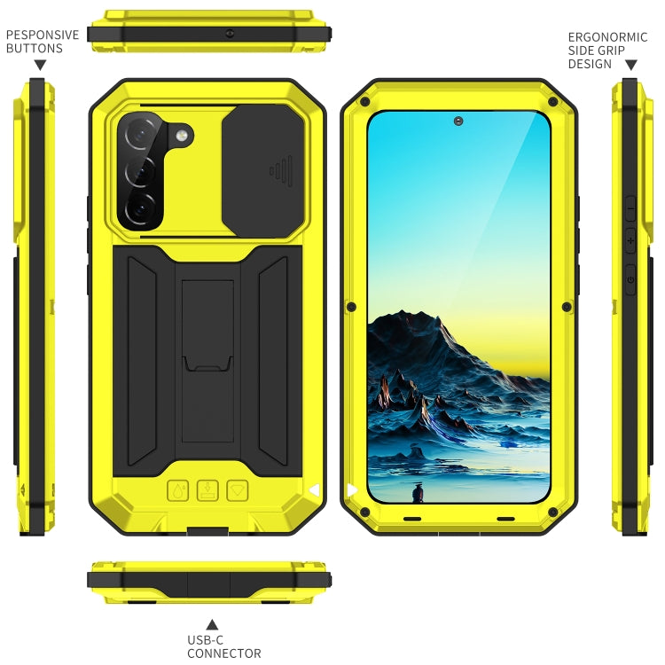 For Samsung Galaxy S22 5G R-JUST Sliding Camera Metal + Silicone Holder Phone Case(Yellow) - Galaxy S22 5G Cases by R-JUST | Online Shopping South Africa | PMC TechLife | Buy Now Pay Later Mobicred