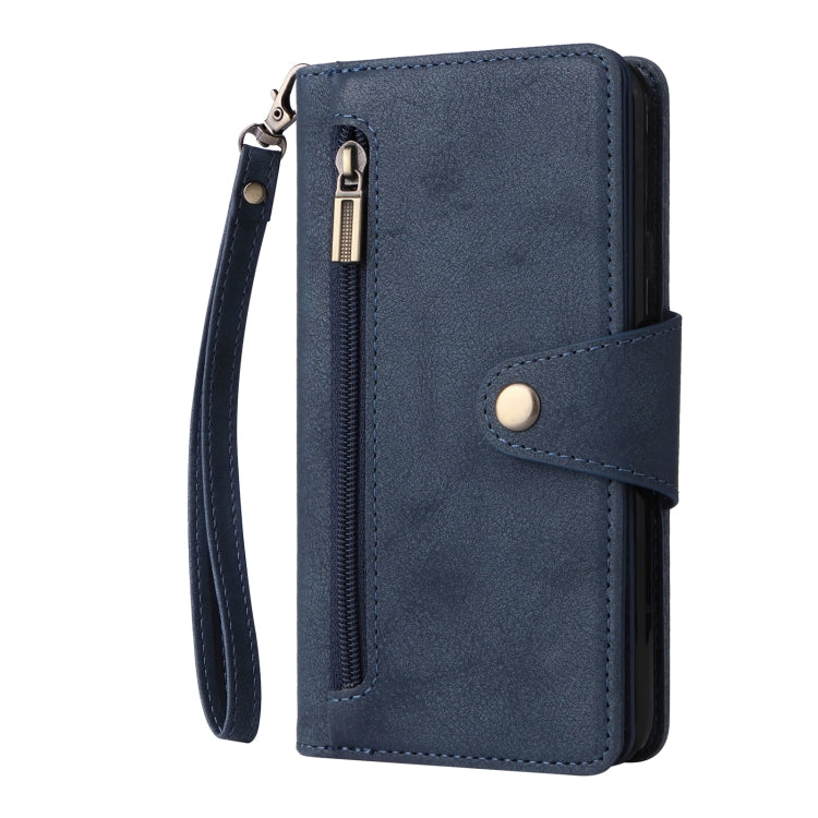 For Google Pixel 4A 4G Rivet Buckle 9 Cards Three Fold Leather Phone Case(Blue) - Google Cases by PMC TechLife | Online Shopping South Africa | PMC TechLife | Buy Now Pay Later Mobicred