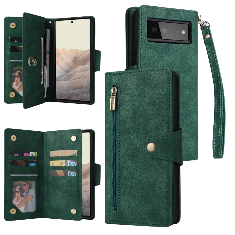 For Google Pixel 6 Rivet Buckle 9 Cards Three Fold Leather Phone Case(Green) - Google Cases by PMC Jewellery | Online Shopping South Africa | PMC Jewellery | Buy Now Pay Later Mobicred