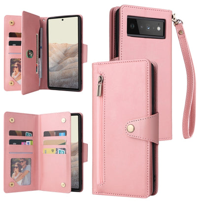 For Google Pixel 6 Pro Rivet Buckle 9 Cards Three Fold Leather Phone Case(Rose Gold) - Google Cases by PMC Jewellery | Online Shopping South Africa | PMC Jewellery | Buy Now Pay Later Mobicred