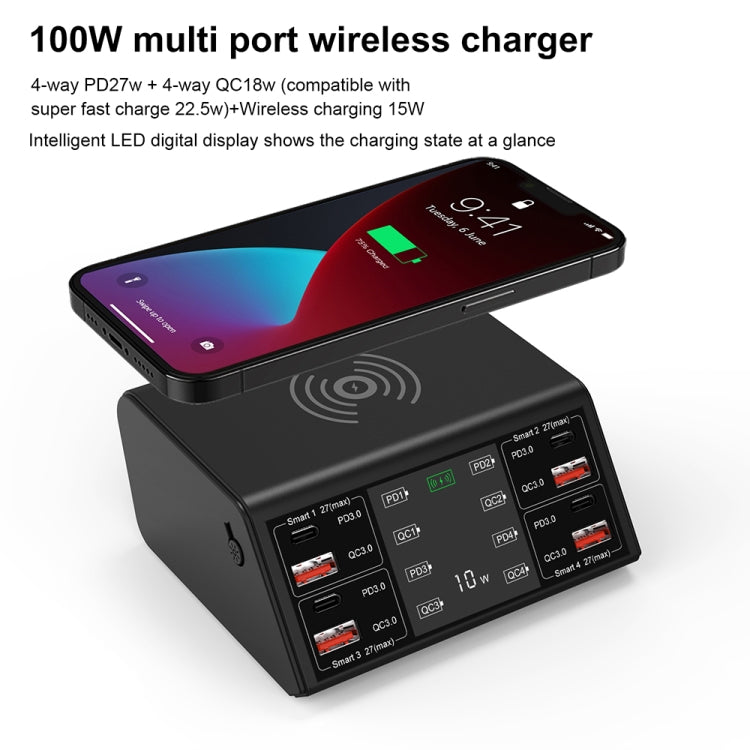 838w 9 in 1 100W 4 PD 3.0 USB-C / Type-C + 4 QC 3.0 USB Ports Smart Digital Display Wireless Charger, UK Plug(White) - Multifunction Charger by PMC Jewellery | Online Shopping South Africa | PMC Jewellery | Buy Now Pay Later Mobicred