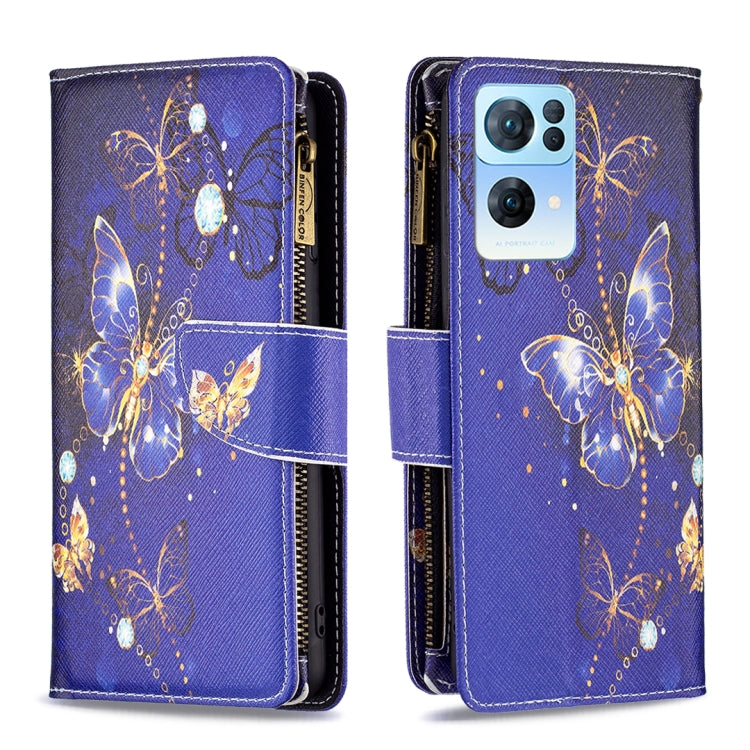 For OPPO Reno7 5G Global Colored Drawing Pattern Zipper Horizontal Flip Phone Leather Case(Purple Butterfly) - OPPO Cases by PMC TechLife | Online Shopping South Africa | PMC TechLife | Buy Now Pay Later Mobicred