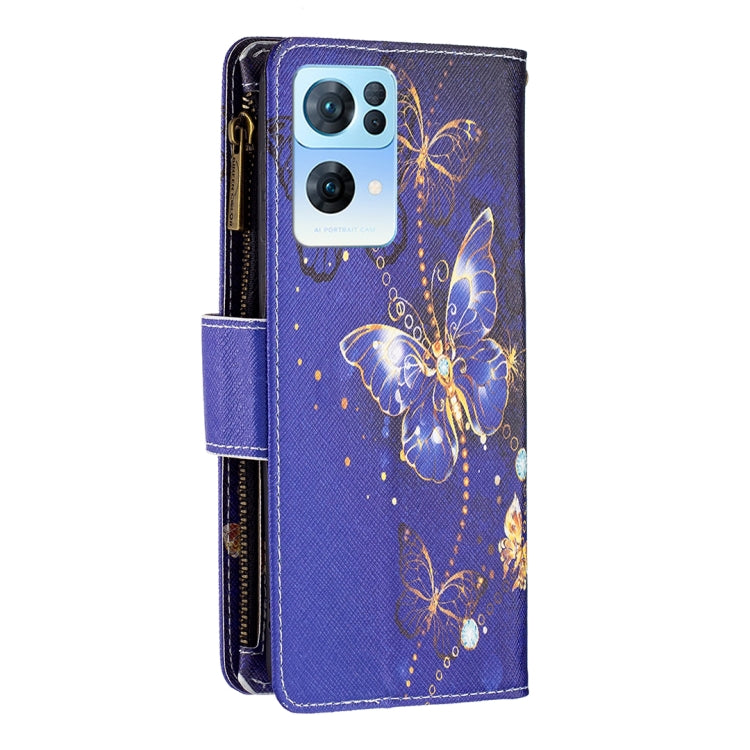 For OPPO Reno7 5G Global Colored Drawing Pattern Zipper Horizontal Flip Phone Leather Case(Purple Butterfly) - OPPO Cases by PMC TechLife | Online Shopping South Africa | PMC TechLife | Buy Now Pay Later Mobicred