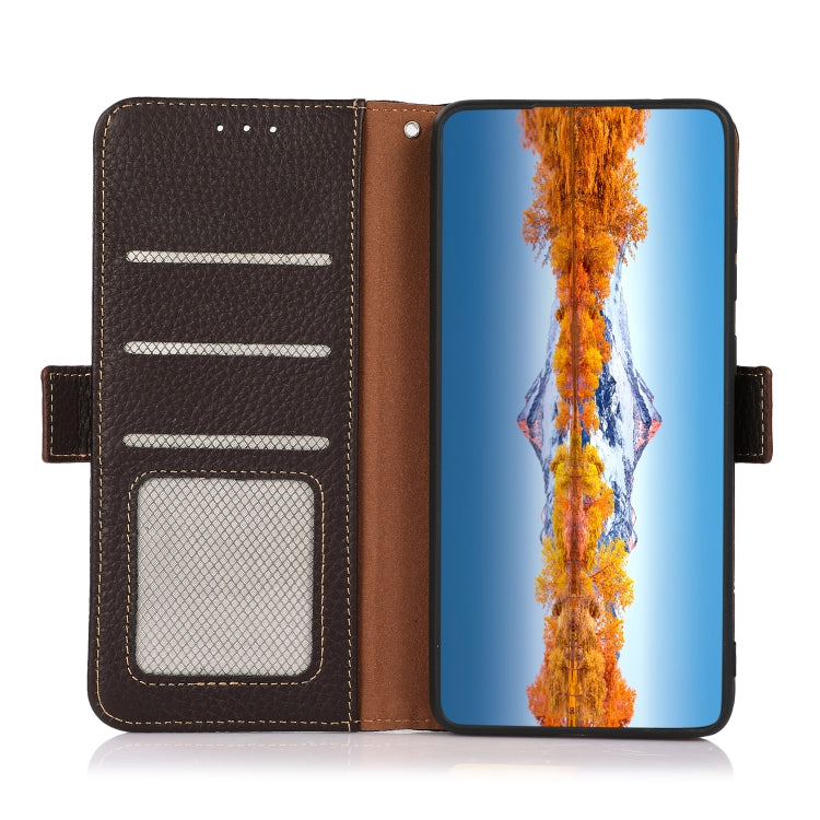 For Nokia C21 Plus KHAZNEH Side-Magnetic Litchi Genuine Leather RFID Phone Case(Brown) - Nokia Cases by PMC TechLife | Online Shopping South Africa | PMC TechLife | Buy Now Pay Later Mobicred