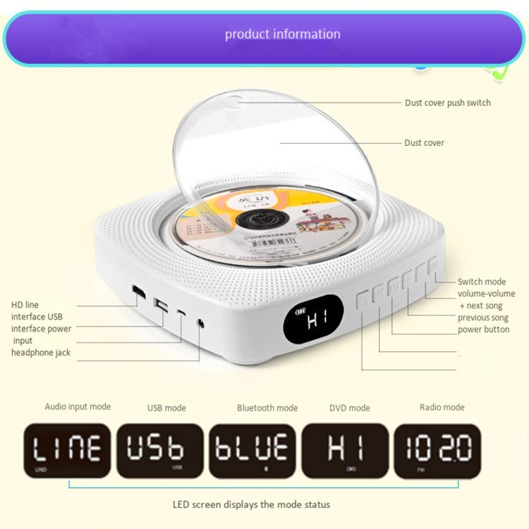 Kecag KC-609 Wall Mounted Home DVD Player Bluetooth CD Player, Specification:DVD/CD+Connectable TV  + Plug-In Version(Blue) - free shipping - PMC Jewellery - Order now!