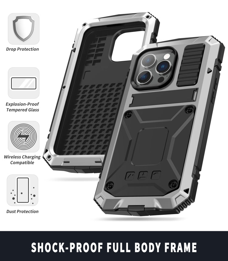 For iPhone 14 Pro R-JUST Shockproof Waterproof Dust-proof Case with Holder(Silver) - iPhone 14 Pro Cases by R-JUST | Online Shopping South Africa | PMC Jewellery