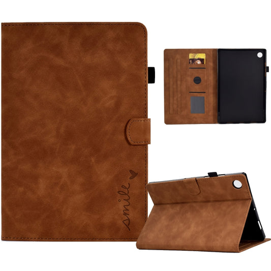 For Lenovo M10 Plus Embossed Smile Flip Tablet Leather Case(Brown) - Lenovo by PMC Jewellery | Online Shopping South Africa | PMC Jewellery | Buy Now Pay Later Mobicred