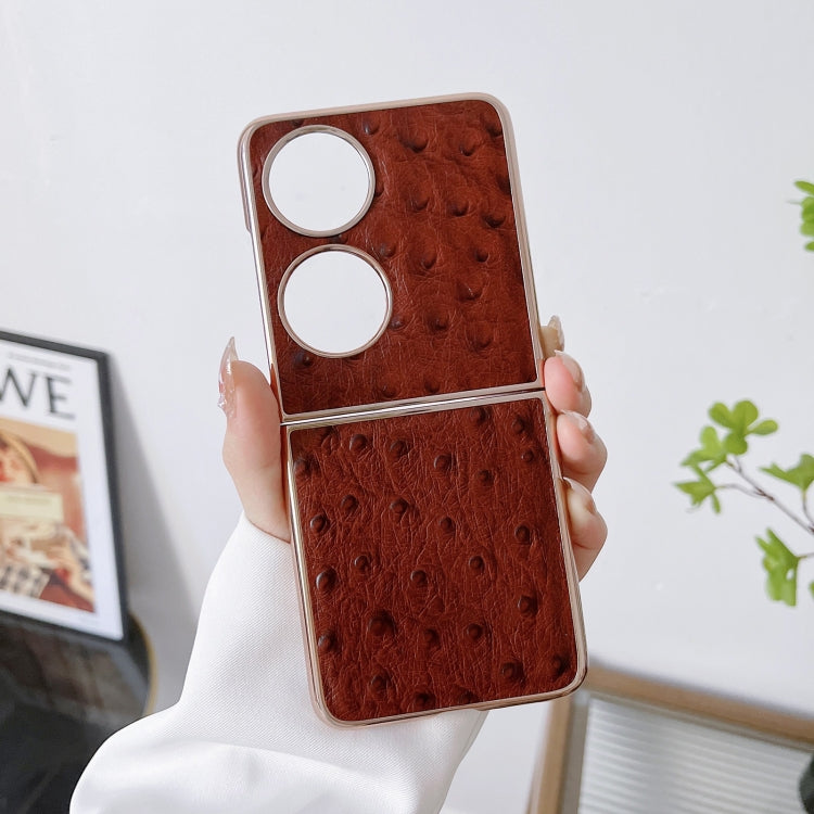 For Huawei P50 Pocket Genuine Leather Ostrich Texture Nano Plating Phone Case(Coffee) - free shipping - PMC TechLife - Order now!