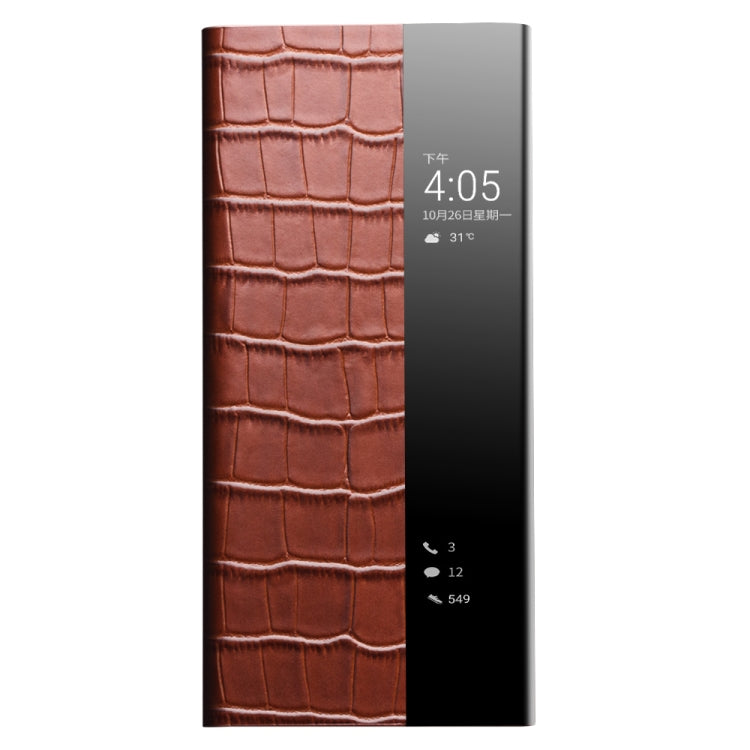 For Huawei P50 QIALINO Crocodile Pattern Side Window View Genuine Leather Phone Case(Brown) - free shipping - PMC TechLife - Order now!