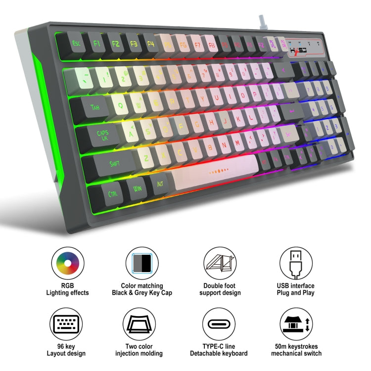 HXSJ V600 96-key RGB Backlit Dual-color Injection-molded Wired Gaming Keyboard - Wired Keyboard by HXSJ | Online Shopping South Africa | PMC Jewellery | Buy Now Pay Later Mobicred