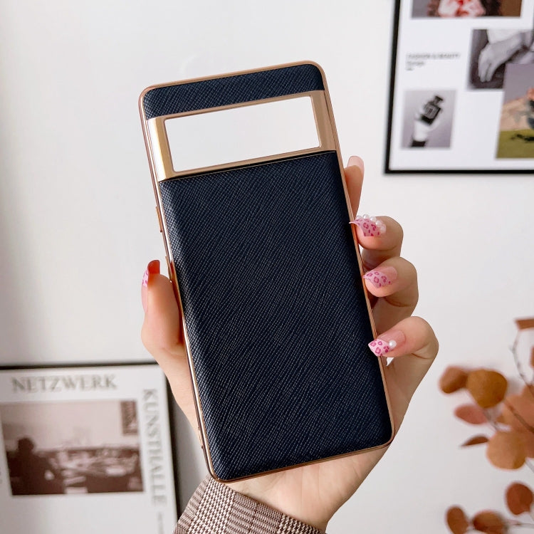 For Google Pixel 6 Pro Nano Electroplating Cross Texture Genuine Leather Phone Case(Blue) - Google Cases by PMC TechLife | Online Shopping South Africa | PMC TechLife | Buy Now Pay Later Mobicred